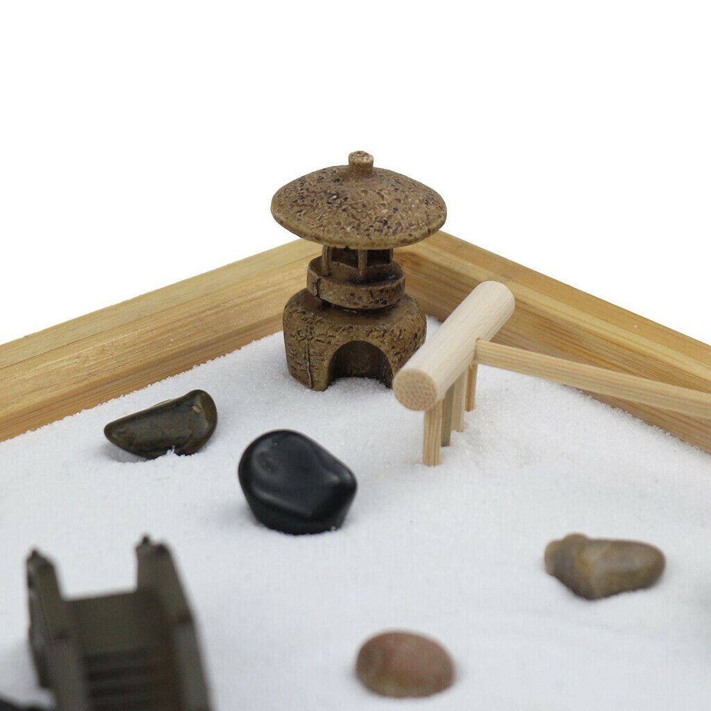 Zen Garden Rake Rocks w/Bamboo Tray Desk Mini Sand Garden Kit Meditation