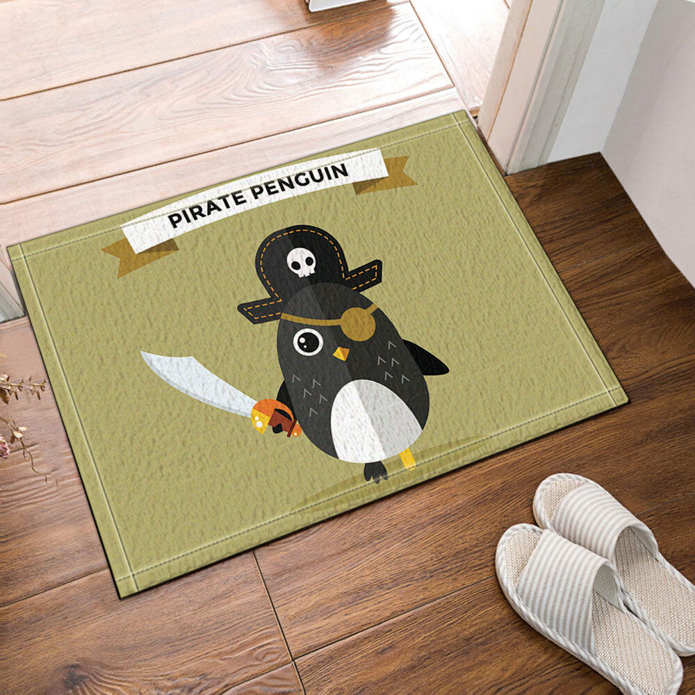 Pirate Penguin Bathroom Rug Non-Slip Floor Door Mat Flannel 16x24"