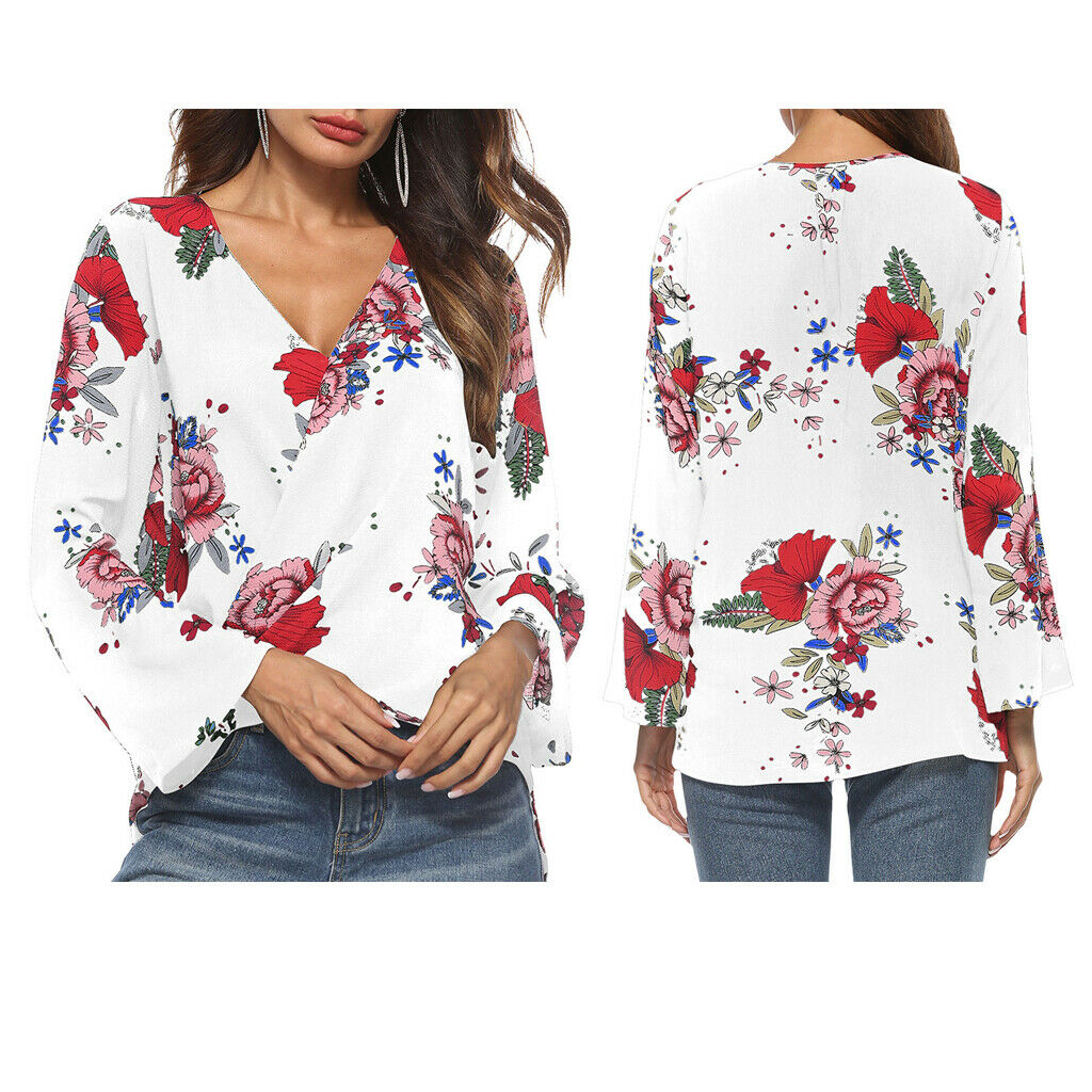 Women's V-Neck Bell Sleeve Blouse Floral Print Wrap Front Top Shirt M White