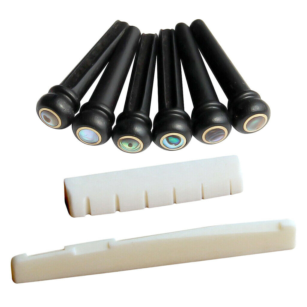 6Pcs Ebony Bridge Pins Peg+Cattle Slotted Saddle Nut Set for Acoustic Guitar