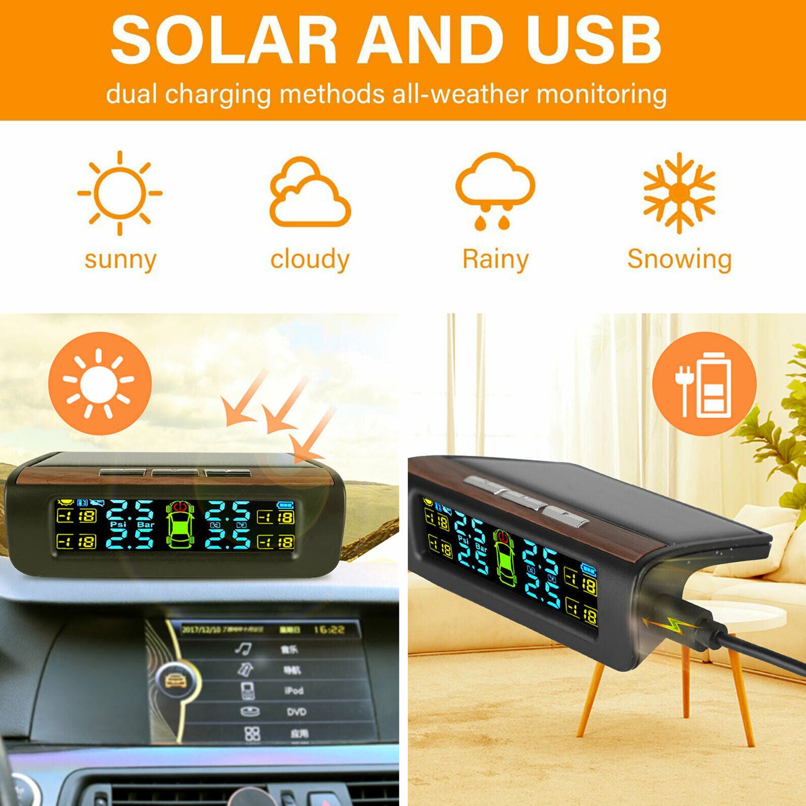 Solar TPMS Wireless Auto Car Tire Pressure LCD Monitoring System W/ 4 External