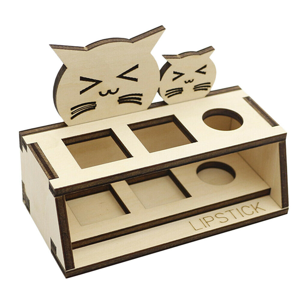 Natural Wood Lipstick Display Stand Cute Cat Lip Balm Gloss Cosmetic Storage Box