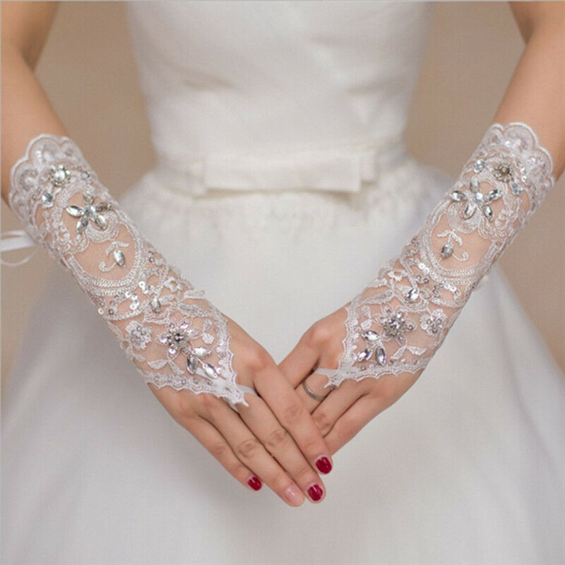 Bride White Gloves Beads Embroidery Beaded Short Wedding Dress Bridal Glov.l8