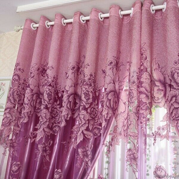 250*100cm Peony Voile Curtain Living Room Window Tulle Sheer Curtain Purple