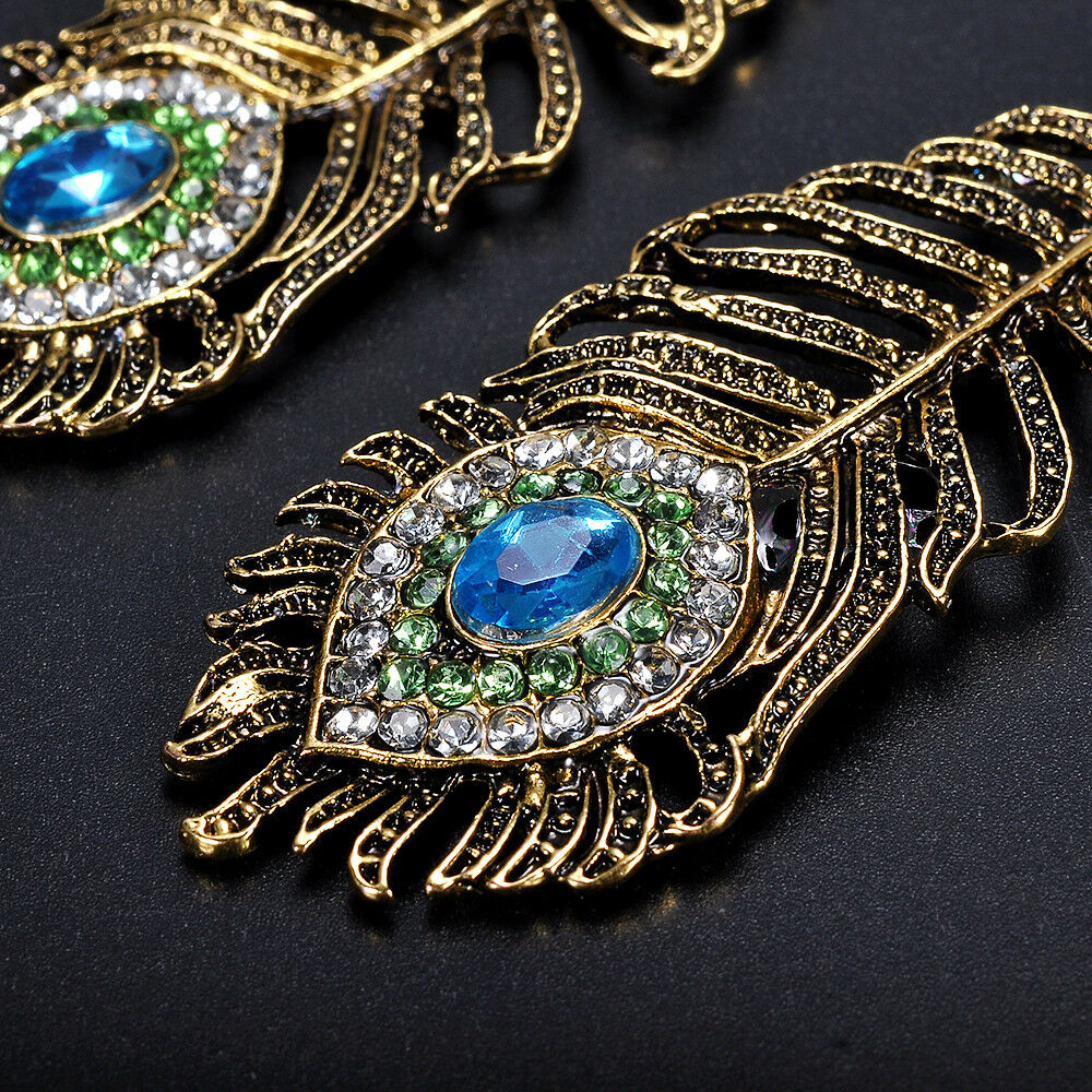 Retro Women Rhinestone Peacock Eye Feather Dangle Hook Earrings Jewelry Gift New