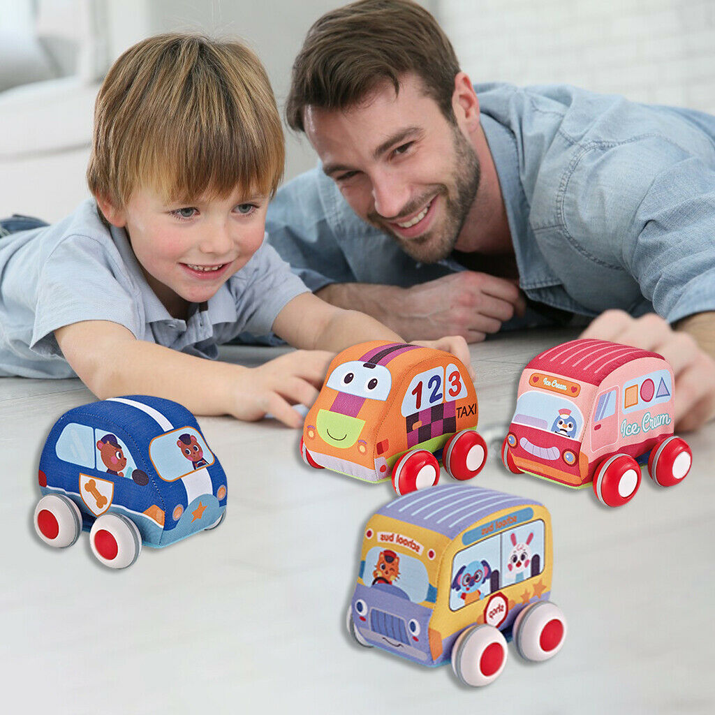 Set of 4 Soft Plush Pull Back Car Toys Mini for Toddlers Boy Girl Gifts