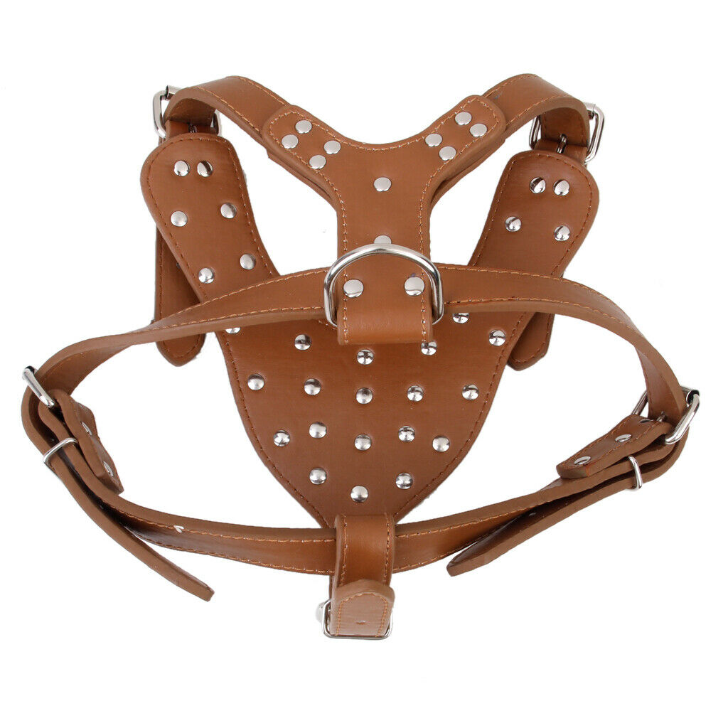 Studded Rivets PU Leather Pet DOG Walking Collar Harness Adjustable Brown