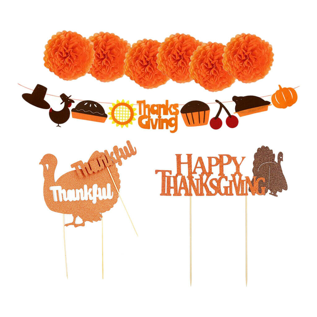 Happy Thanksgiving Banner Cupcake Picks Party Home Set Backdrop Bunting