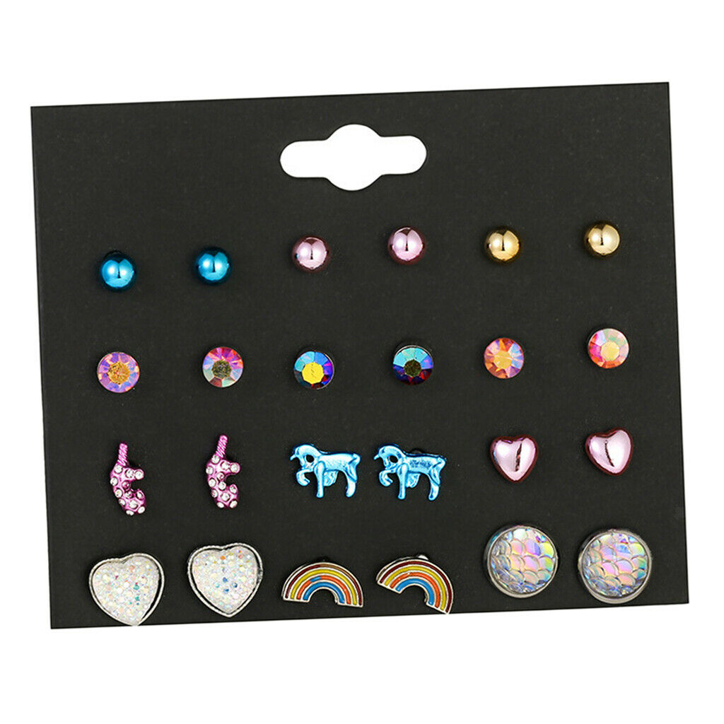 12 Pairs Set Girls Cute Animals Heart Rainbow Unicorn Stud Earrings Set