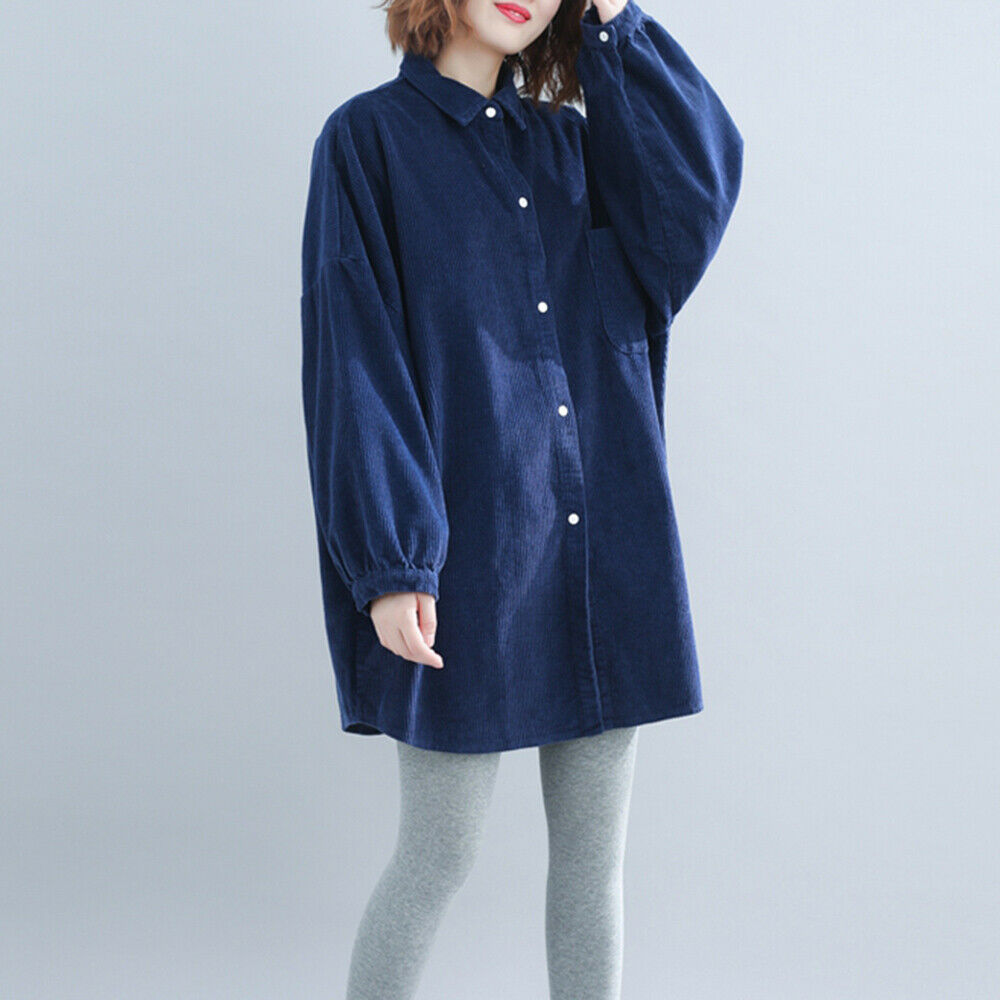 Womens Lady Corduroy Long Sleeve Shirt Oversized Loose Longline Cord Blouse Top