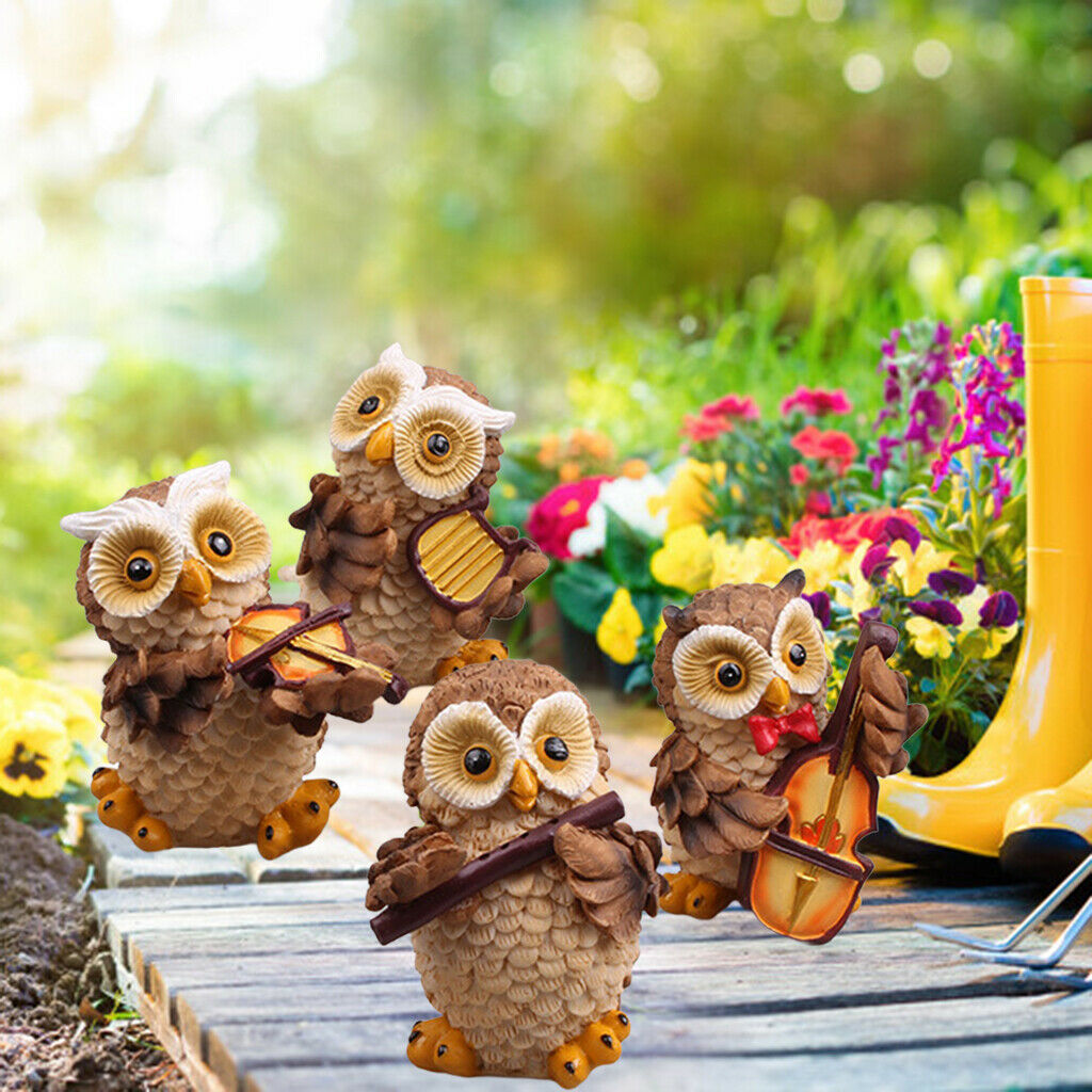 4x Outdoor Garden Ornament Owl Playing Music Ornaments Statues Animal Decors