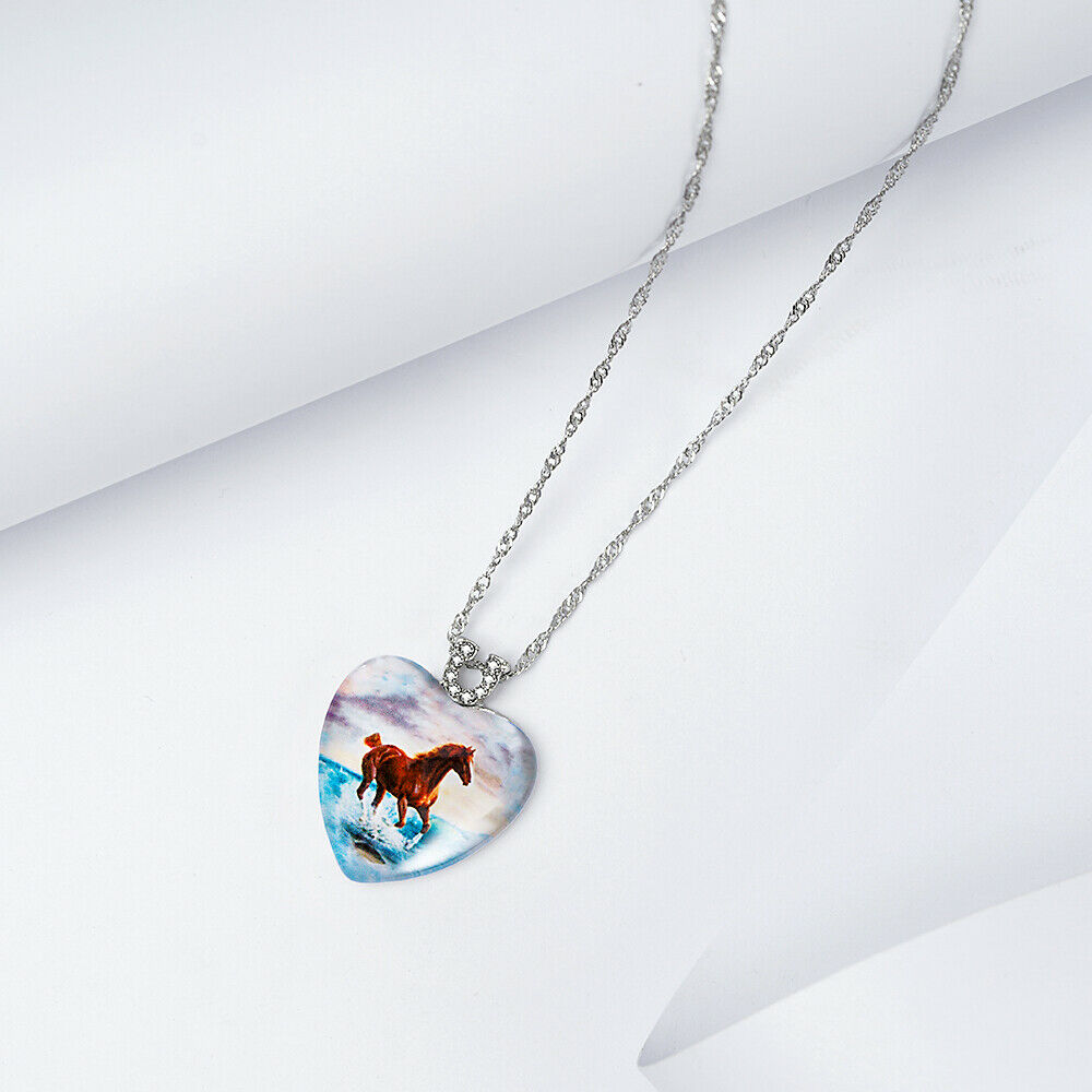 Elegant Women Peach Heart Animal Pendant Fashion Necklace Horse Crystal Jewelry.