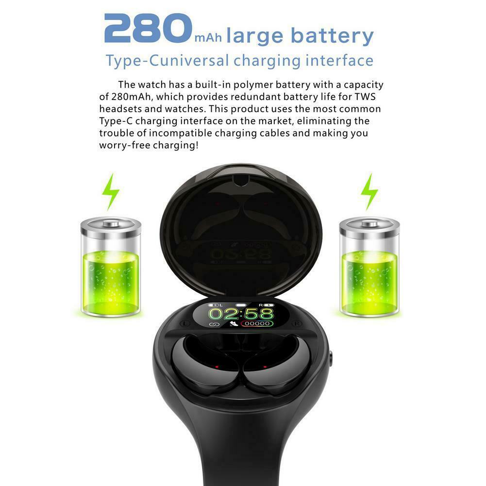 2 in 1 Smart Watch W/Earbuds Adjustable Bluetooth Headset Wireless Earphones Set