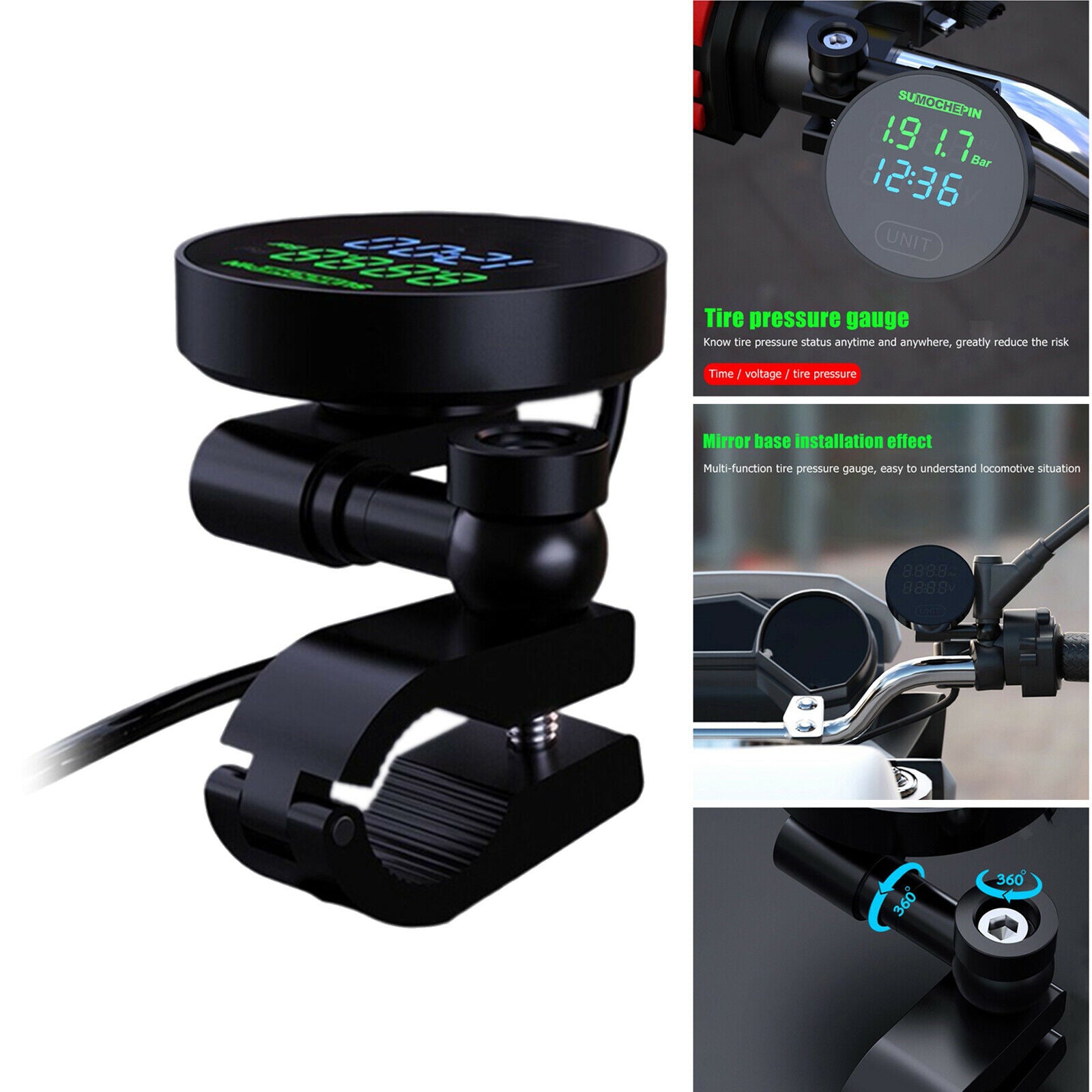 Tire Pressure Monitor Digital LCD Display w/ External Sensors Wireless Black