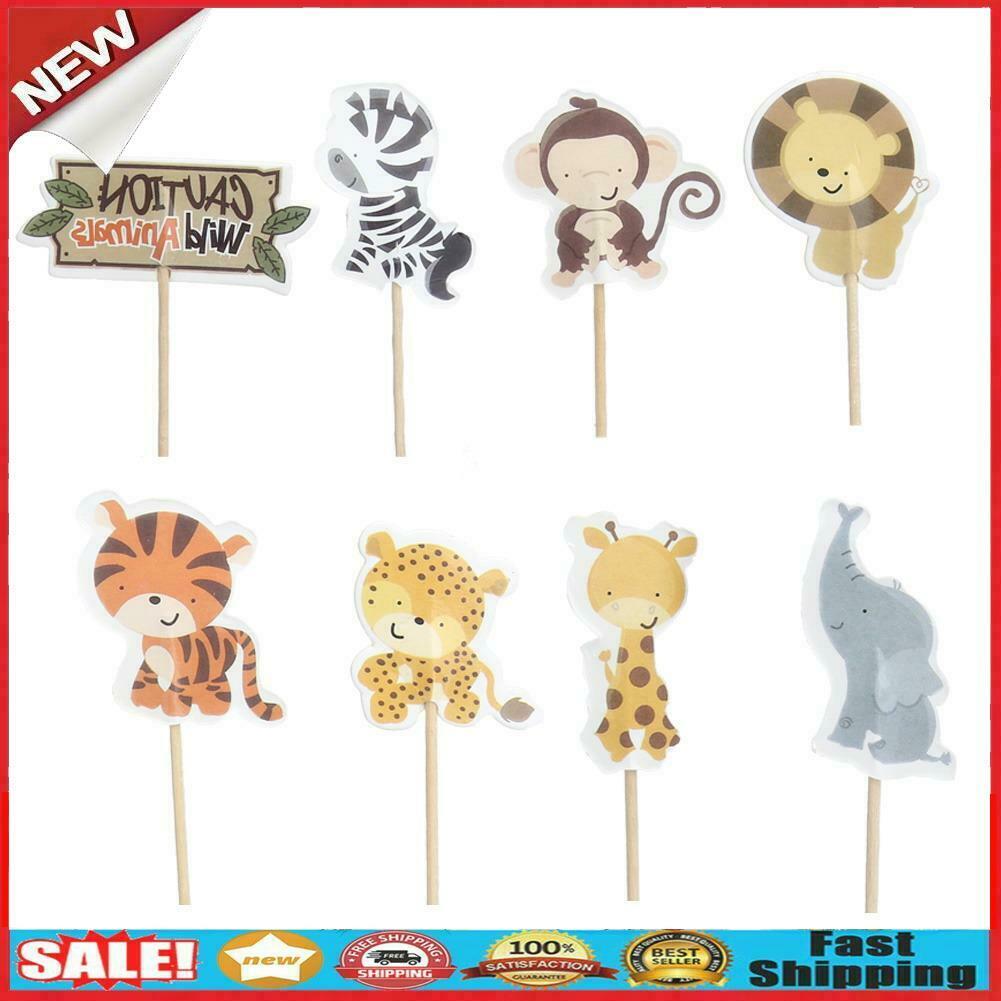 24pcs Cake Dessert Inserted Card with Zoo Animal Elephant Lion Pattern @