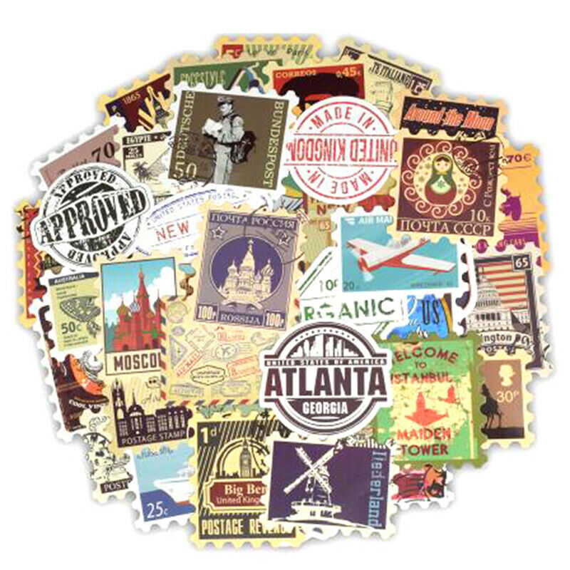 50x Retro Stamp Stickers Skateboard Laptop Luggage Guitar Motorcycle Deca.l8