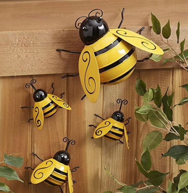Set of 4 Yellow Bumble Bees Wall Ground Fence Home Garden Outdoor Lawn Art Decor
