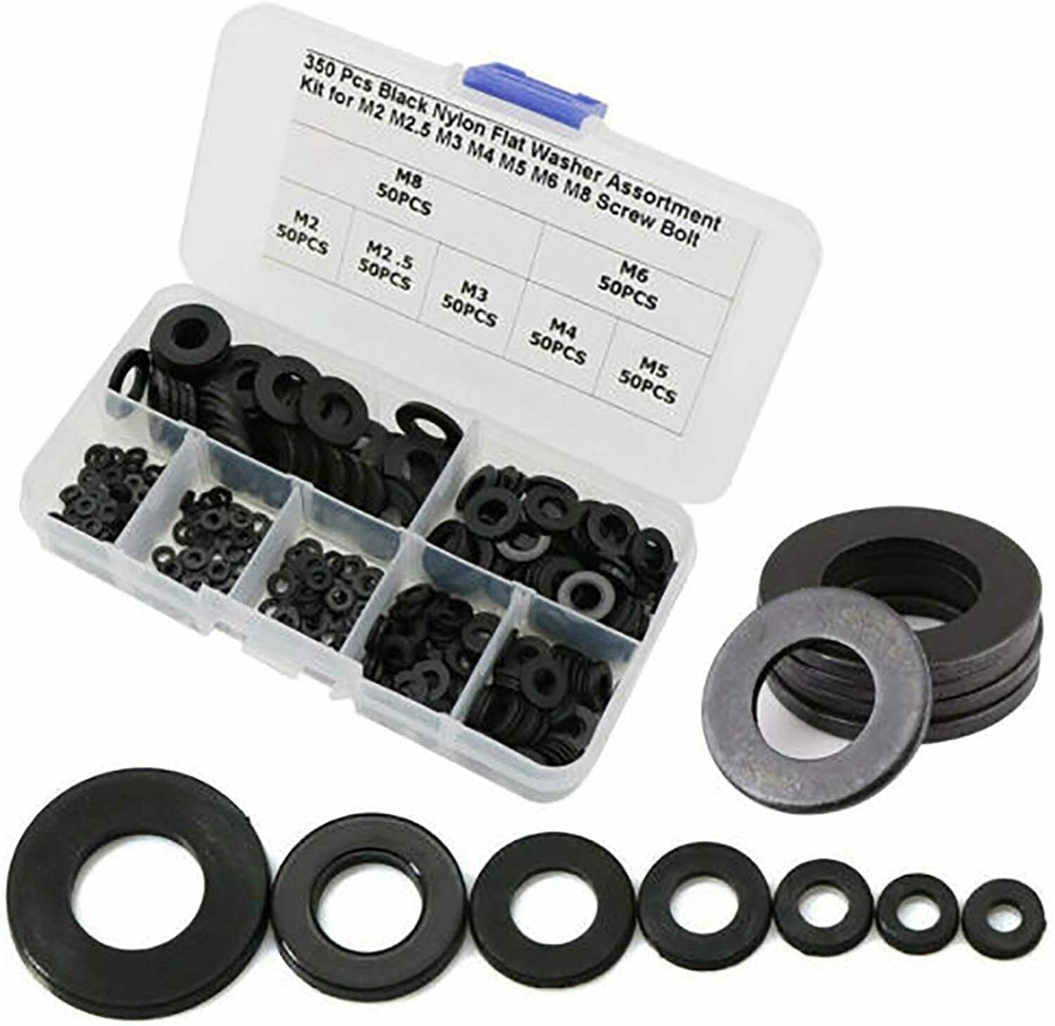M2-M8  A Total of 7 Sizes, 364 Pieces of Black Nylon Rubber Flat Ring Washers