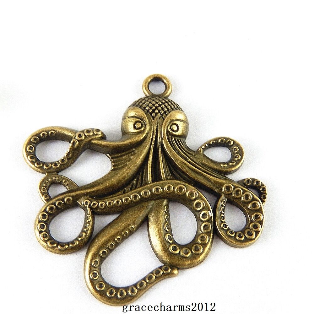 3 pcs Antiqued Bronze Cute Octopus Pendant Charm Alloy Marine Fish 56*54*3mm