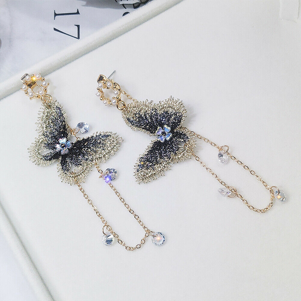 Fashion Embroidery Butterfly Long Tassel Crystal Drop Dangle Earrings Jewelry