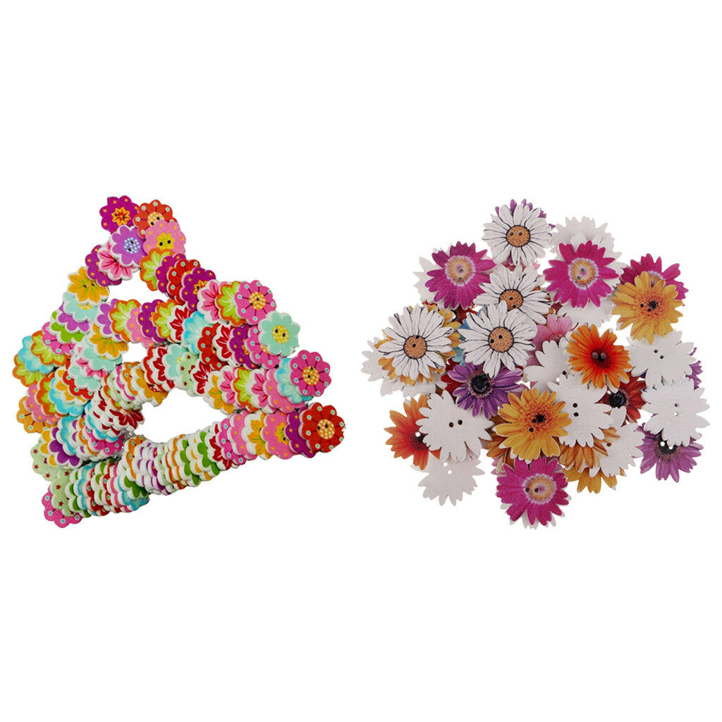 150Pcs Novelty Baby Buttons Mixed Color Daisy Flower Wooden Buttons 2 Holes
