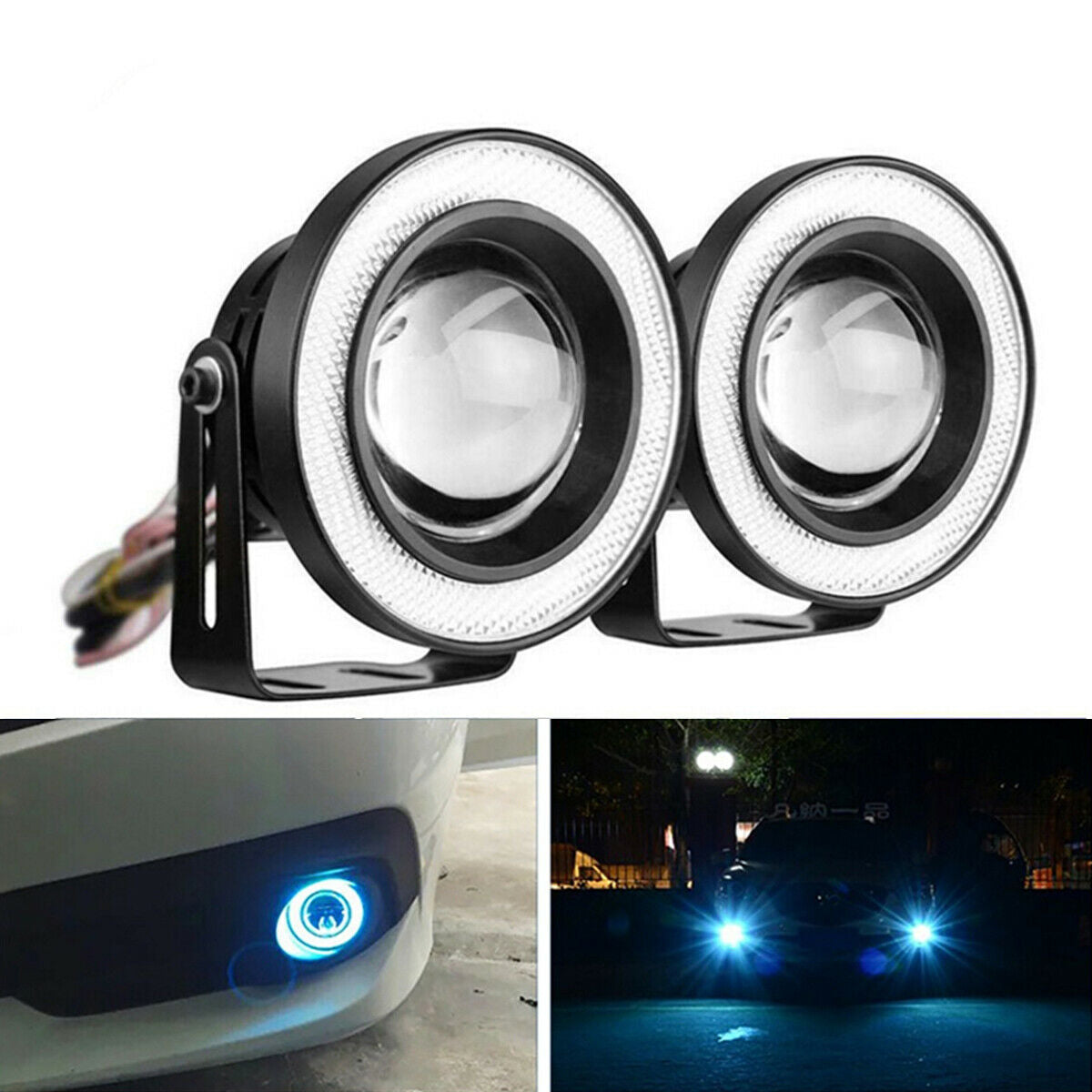 2* Blue Halo Ring Angel  LED Projector Lamps  For Driving DRL Lights Fog Lights