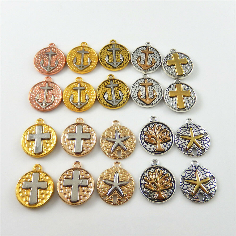 20 Assorted Cross Starfish Pendant Alloy Round Nautical Charm Jewelry Craft 19mm