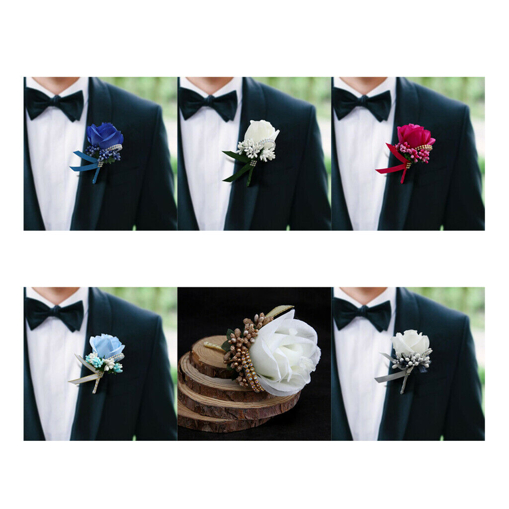 Rose Boutonniere Men's Lapel Pins Satin Flower 6 Pack Groom Wedding Boutonniere