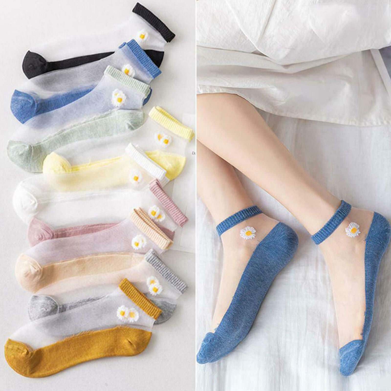 10 Pairs Summer Women Socks Crystal Glass Silk Short Thin Daisy Flower Socks
