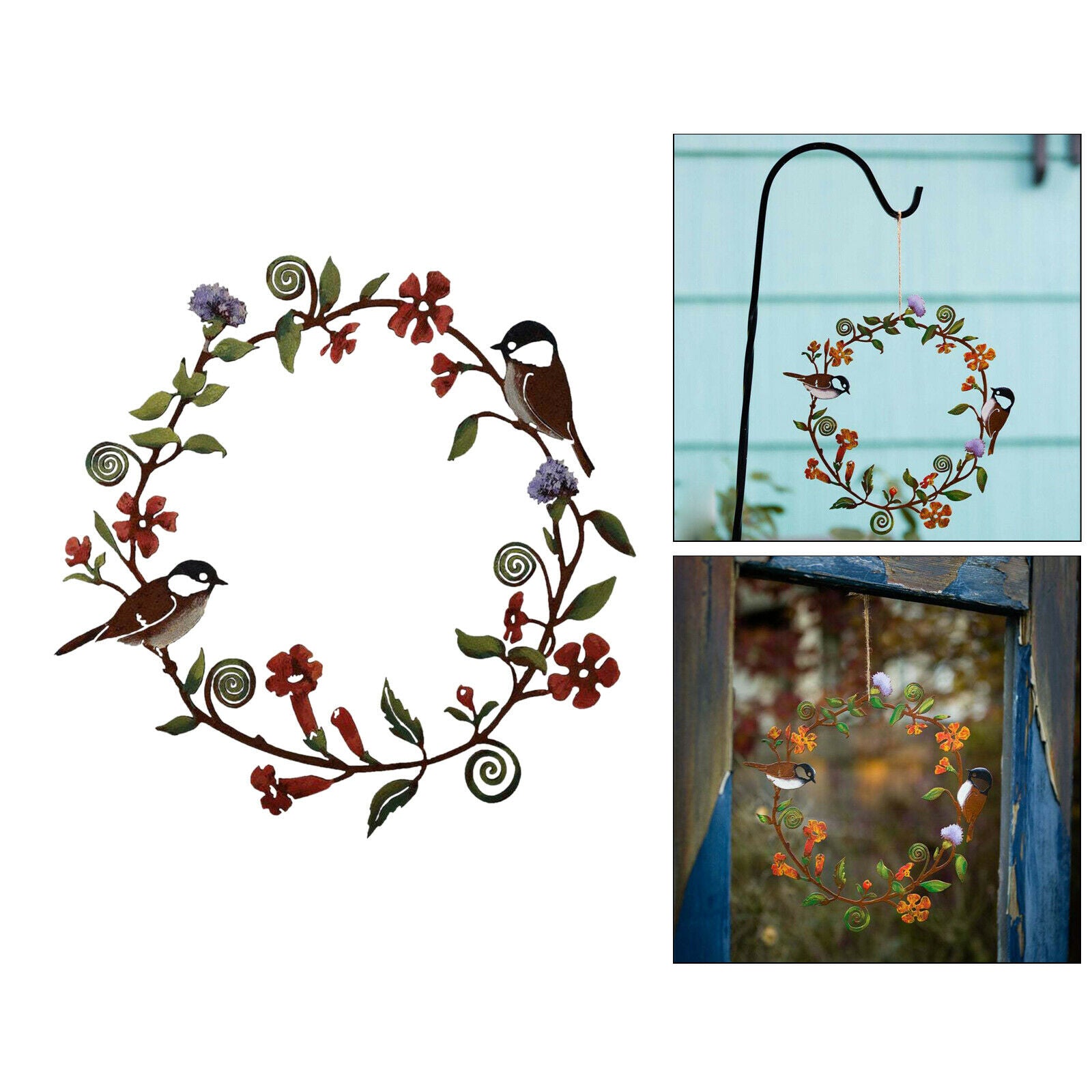 Chickadees Flowers Metal Art Wreath Decor Door Window Wall Hanging Home