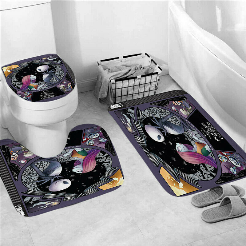4Pcs The Nightmare Before Christmas Bathroom Rugs Toilet Mat Shower Curtain Set