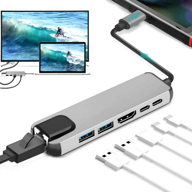 6 in 1 USB Hub Type C to Multi USB 3.0 HDMI 1000Mbps RJ45 Adapter Splitter G TL