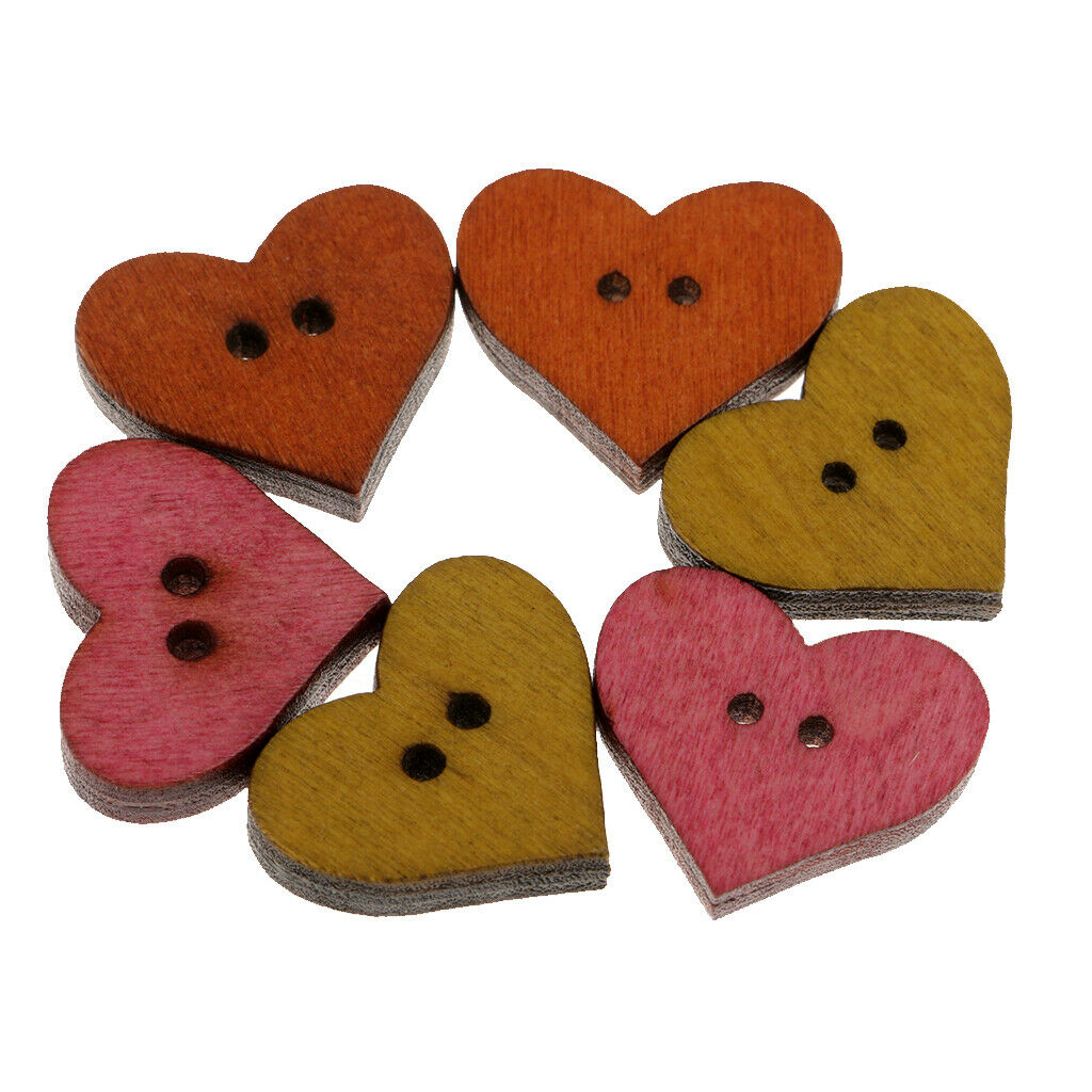 50pcs Assorted Heart Shape Wooden Flatback Buttons for Kids Crafts DIY 19mm