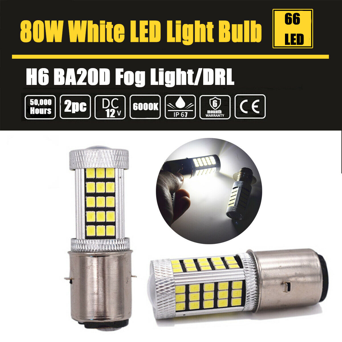 2x 80W BA20D H6 LED Motorcycle Bike Fog Light DRL Bulb White Bike Moped Scooter