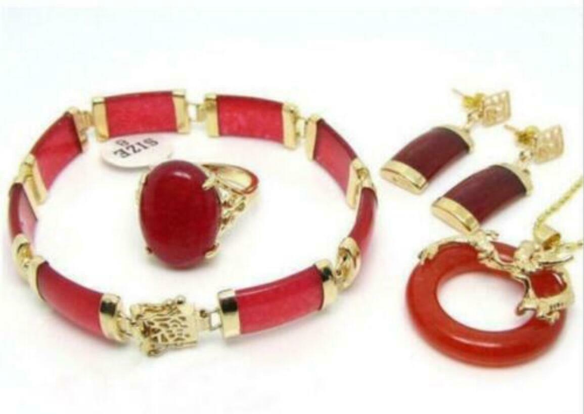 18KGP Natural Red Jade Pendant Necklace Bracelet Earring Ring Set