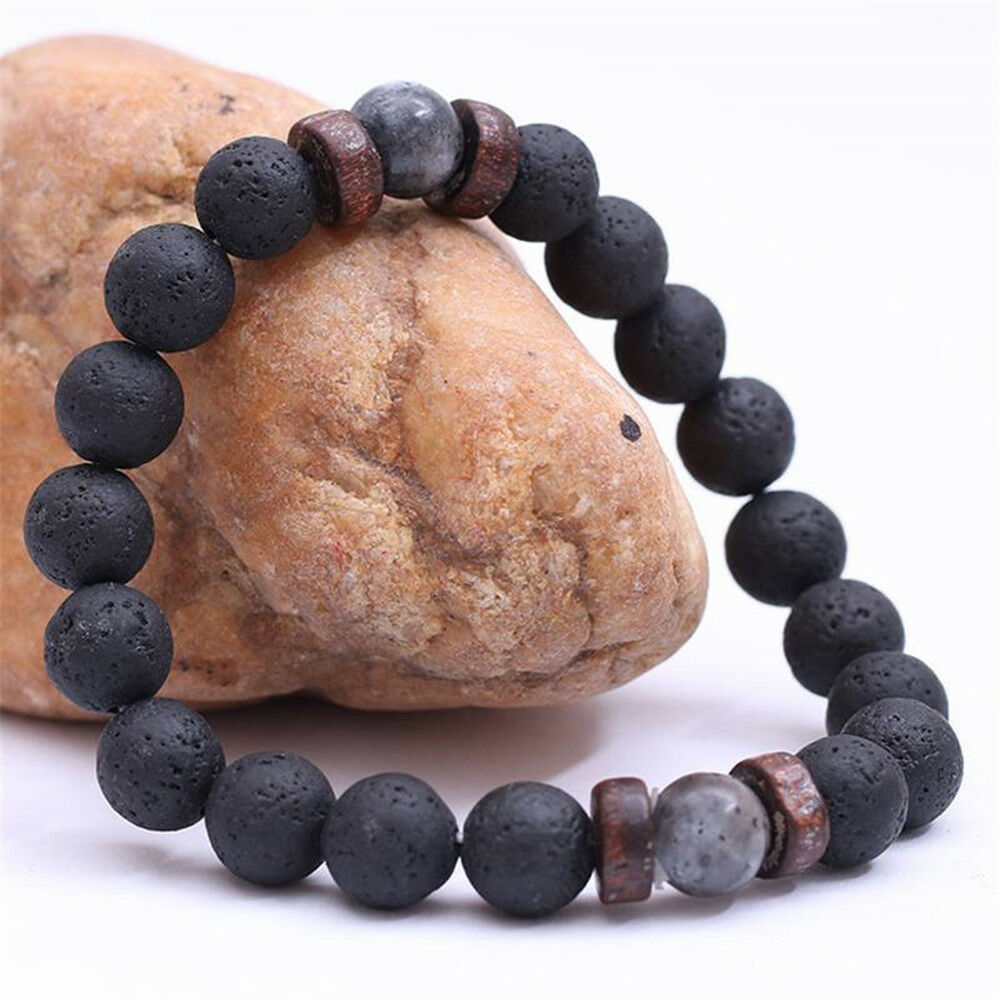 Men Women Natural Stone 8mm Lava Rock Bracelet Elastic Yoga Beads Bracelet