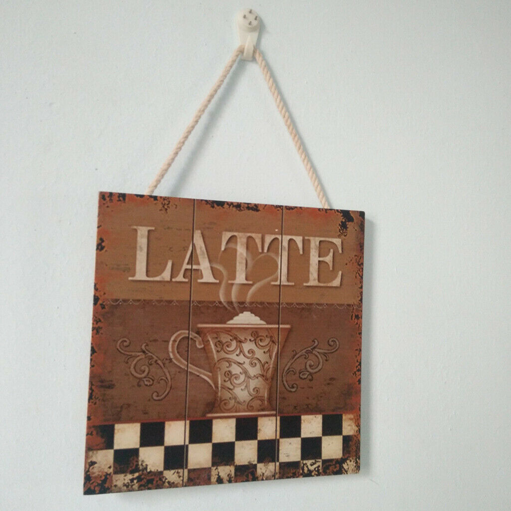 Wooden Wall Art Coffee Plaque Sign with Rope for Cafe Bar Decoration B