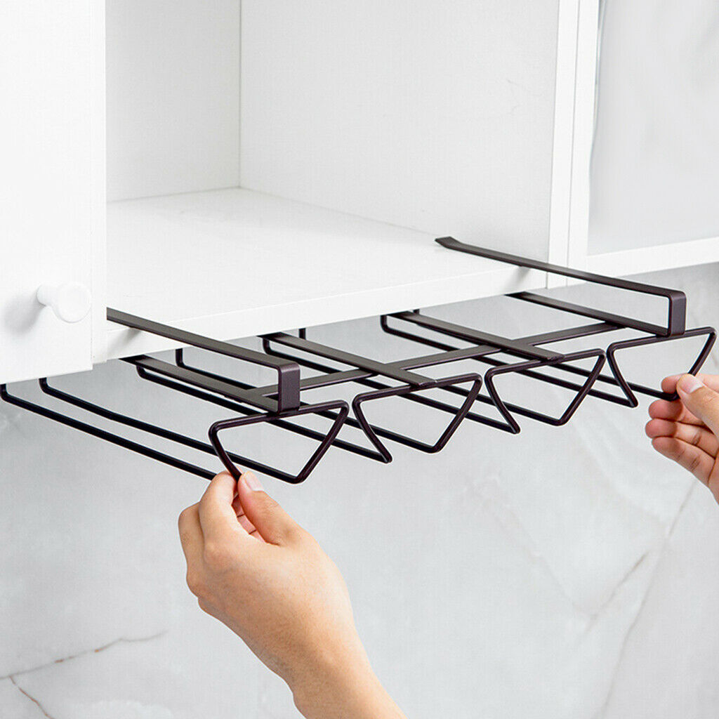 1pc Under Shelf Wine Glass Holder Kitchen Organization Space-Saving Black