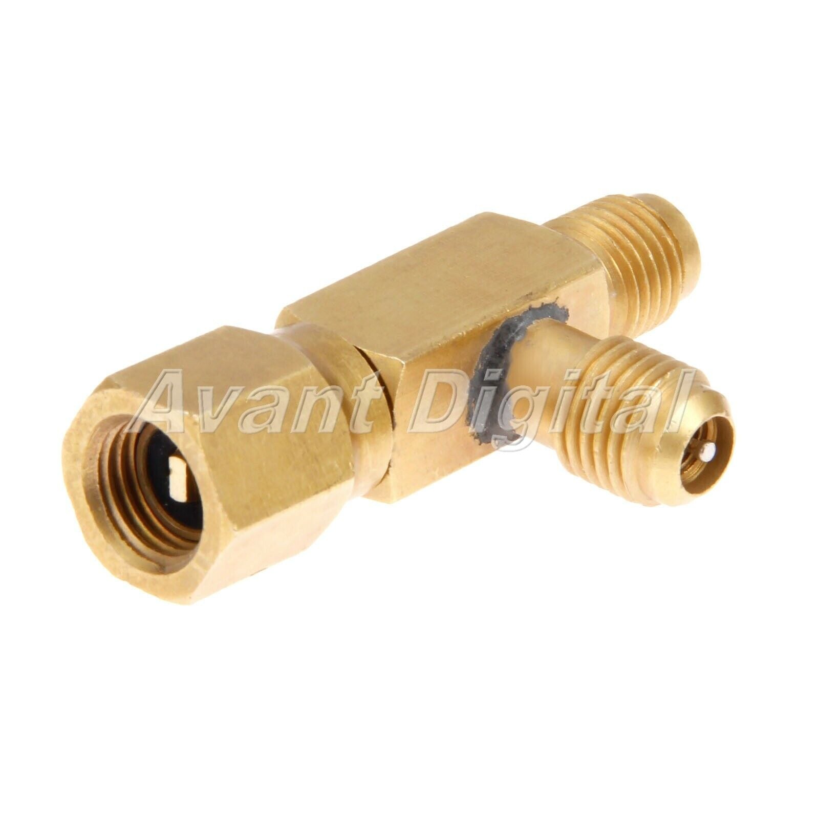1/4" Tee Adapter Solid Brass c/w Valves Core & Seal Rings Male Flare Connector
