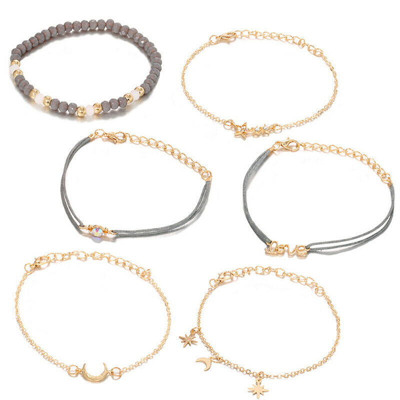6pcs Bohemia Star Moon Shape Design Chain Pendant Bracelets For Women Jew.l8