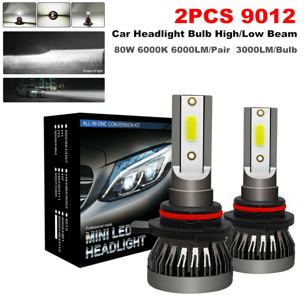 2PCS 9012 LED Car Headlight Bulbs High / Low Beam Kit 80W 6000K White Waterproof