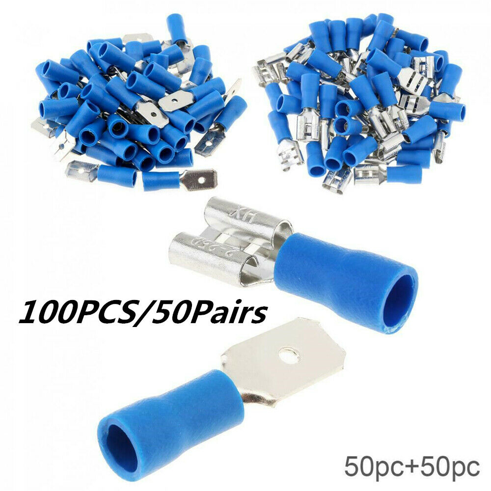 100pcs Blue Electrical Crimp Wire Connectors Insulated Female Spade Terminals