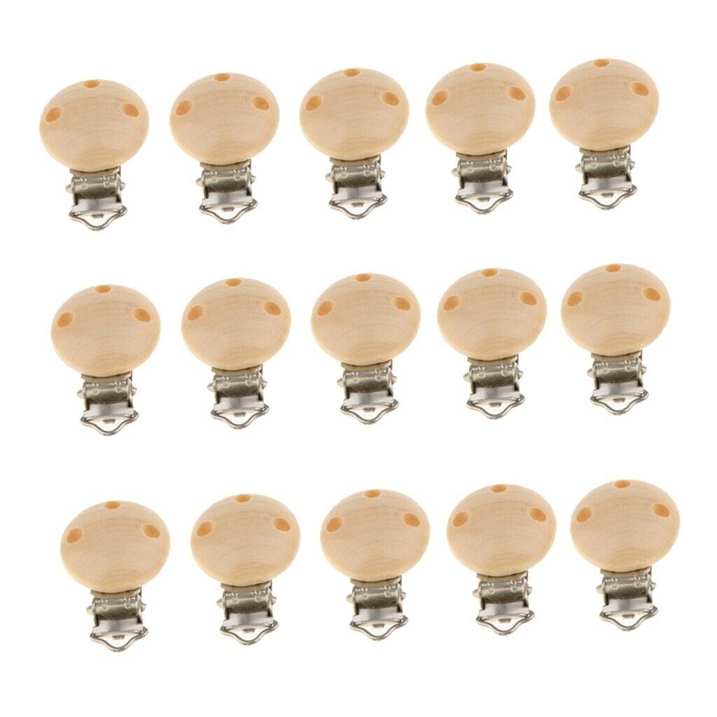 15pcs Natural Wooden Baby Pacifier Clips DIY Pacifier Clip Metal Holders