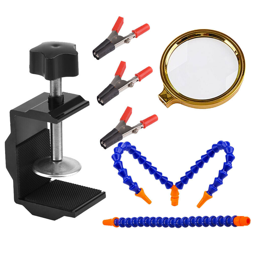 3 Arms Soldering Stations Desk Clamp Set w/ Alloy Base w/ Magnifying Lens