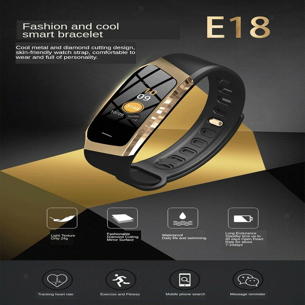 E18 Smart Bracelet Blood Pressure HeartRate Monitor Tracker Black +Golden