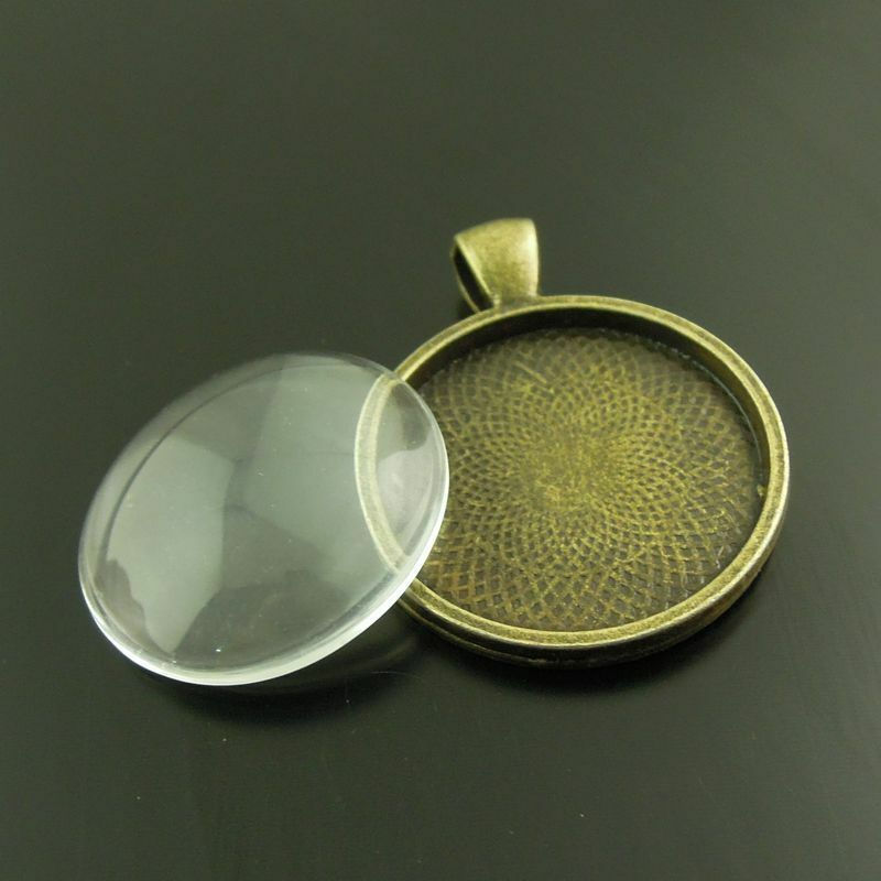 3X Retro Bronze Round Pendant Setting Tray With Glass Cameo Cabochon Base Charm