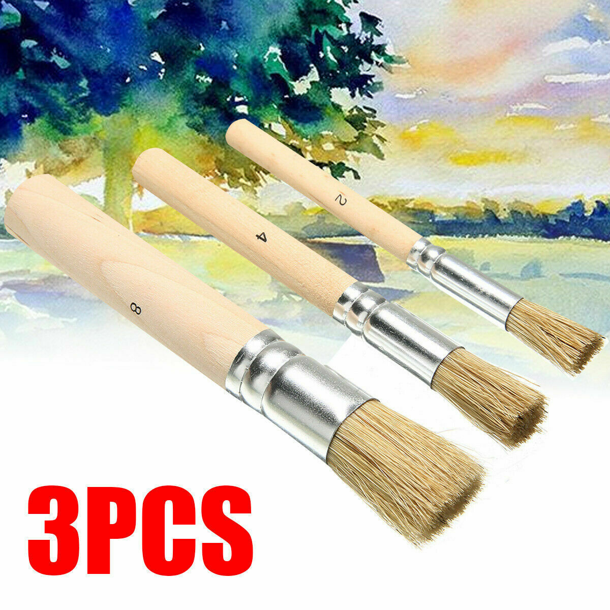 3pcs Wooden Stencil Brush Hog Bristle Acrylic Watercolor Oil Painting Brushes L