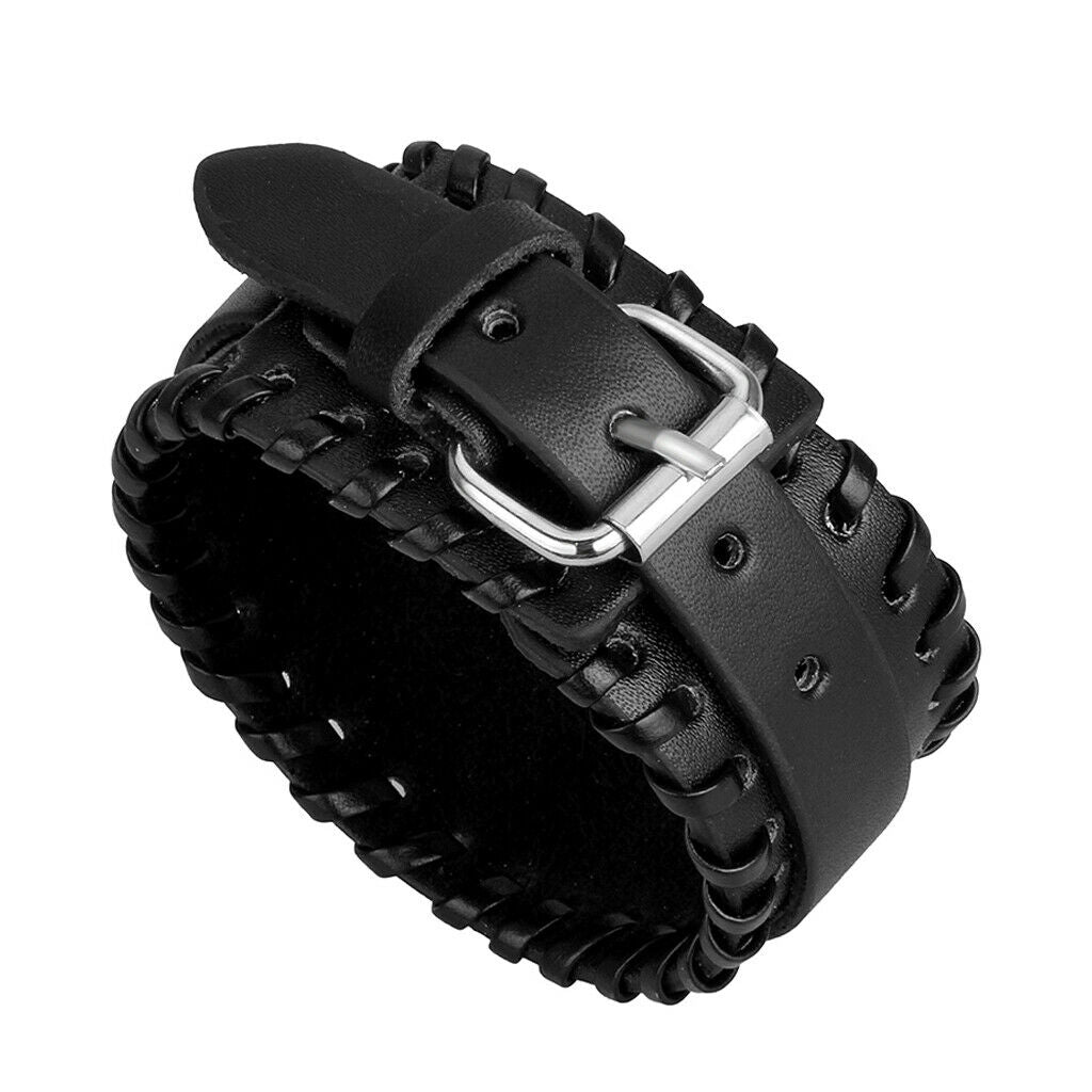 Unisex Punk Braided Rope Alloy Leather Bracelet Bangle Wristband  Black