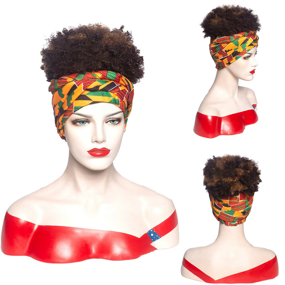 Short Afro Kinky Curly Wrap Wigs for Black Women Puff African Hair Headband Wigs
