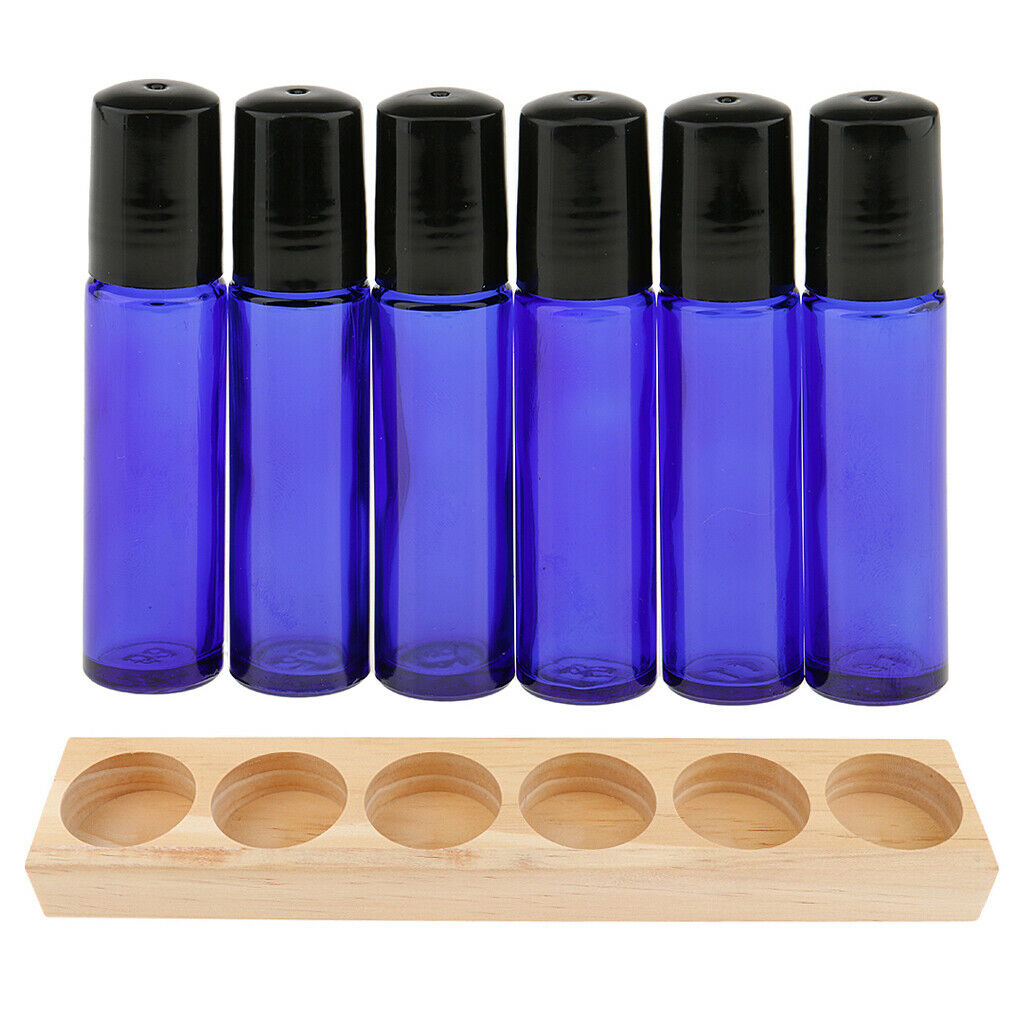 Wood Essential Oils Box Display Case Holder Stand  +6 Roll On Glass Bottles